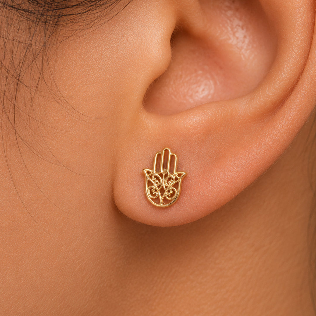 14K Solid Yellow Gold Hamsa Studs Earrings, Gold Hamas Studs, Tiny Hamas Studs, Dainty Hamas Studs, Solid Gold Studs