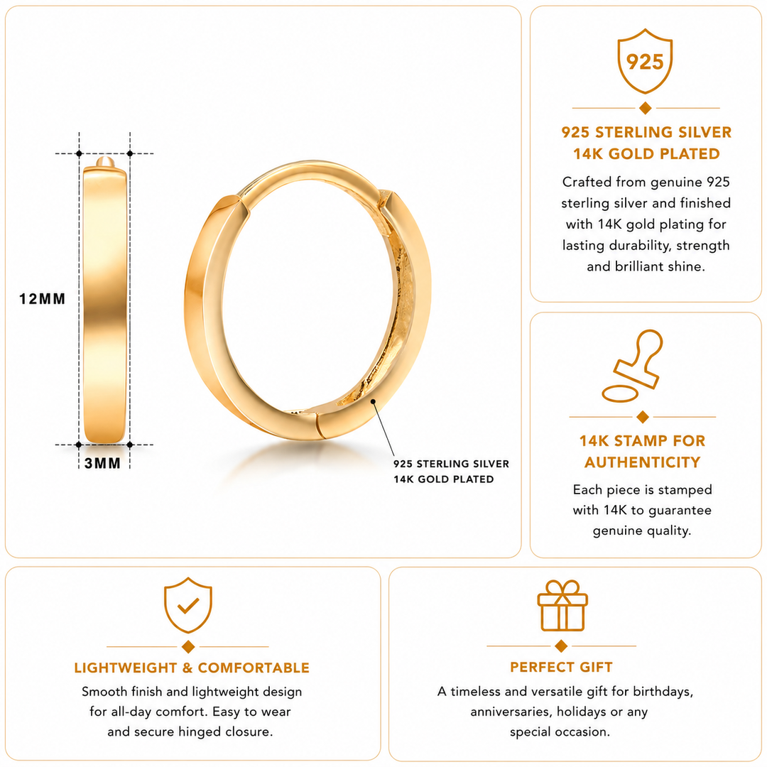 14K Gold Plated Huggie Hoop Earrings for Women | Small Wide Flat Hinged Clicker Hoops | Minimalist Hypoallergenic Earrings for Cartilage & Lobe