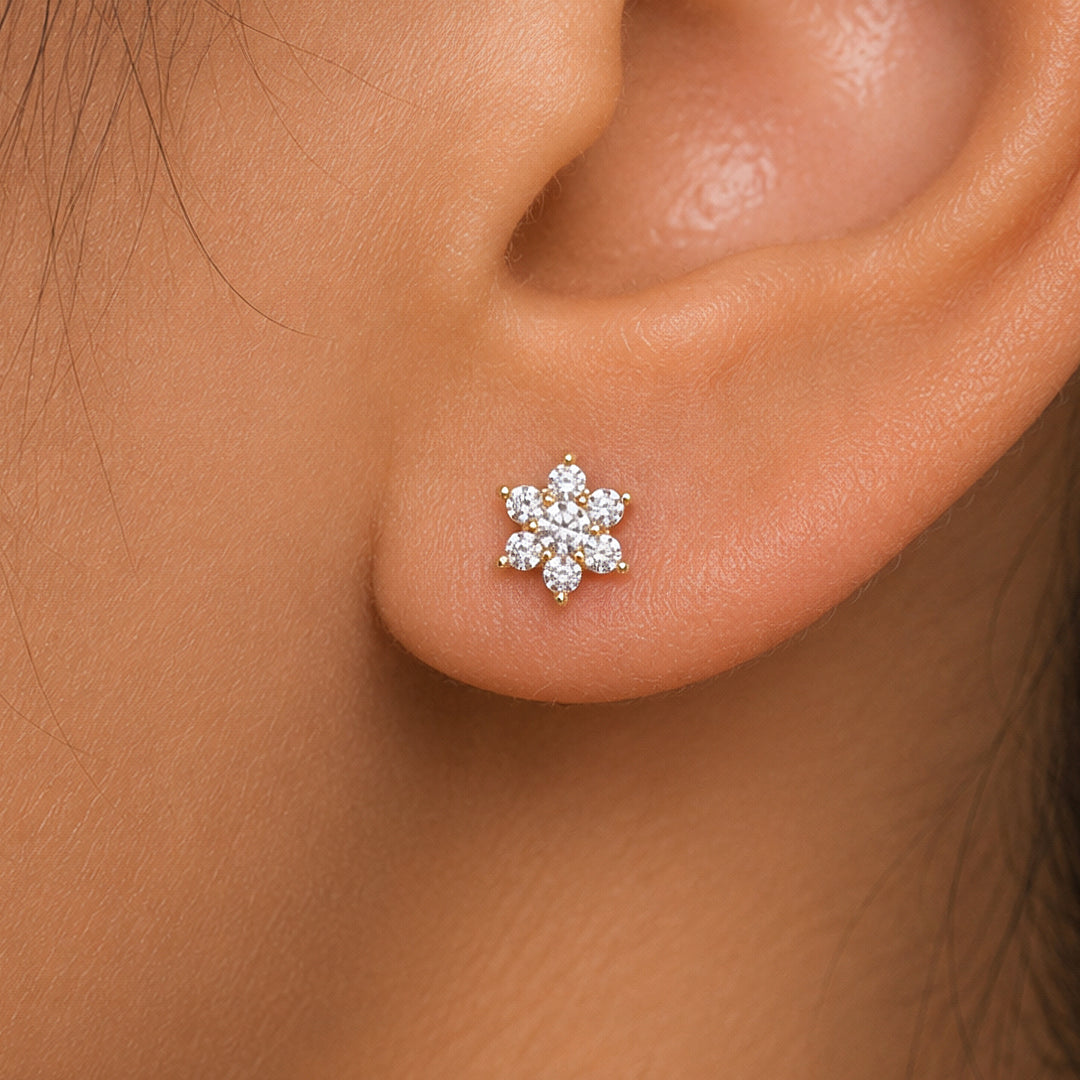 14K Solid Yellow Gold Cz Flower Studs, Flower Studs, Cz Gold Studs, Dainty Flower Studs, Tiny Flower Studs, Solid Gold Studs