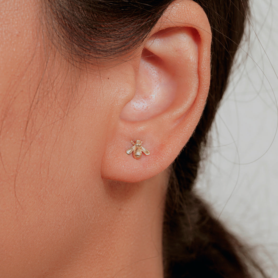 14K Yellow Gold Honey Bee Stud Earrings, Gold Bee Studs, Dainty Bee Studs, Tiny Bee Studs, Bumble bee Studs, Solid Gold Studs