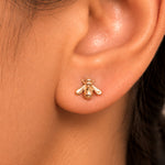 Load image into Gallery viewer, 14K Yellow Gold Honey Bee Stud Earrings, Gold Bee Studs, Dainty Bee Studs, Tiny Bee Studs, Bumble bee Studs, Solid Gold Studs