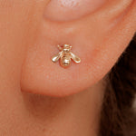 Load image into Gallery viewer, 14K Yellow Gold Honey Bee Stud Earrings, Gold Bee Studs, Dainty Bee Studs, Tiny Bee Studs, Bumble bee Studs, Solid Gold Studs
