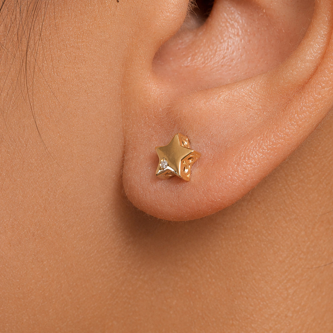14K Solid Yellow Gold Daimond Star Studs, Star Studs, Diamond Studs, Dainty Star Studs, Tiny Star Studs, Solid Gold Studs
