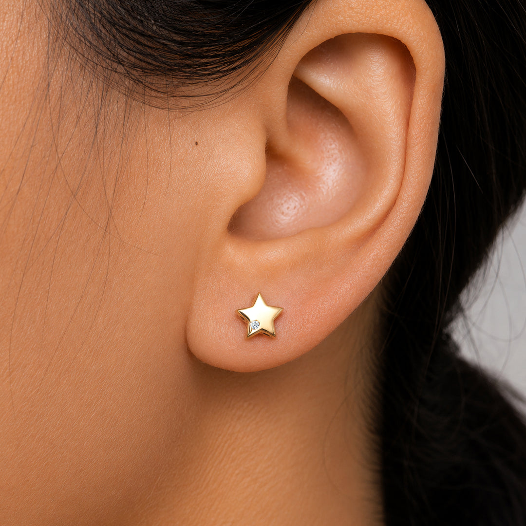 14K Solid Yellow Gold Daimond Star Studs, Star Studs, Diamond Studs, Dainty Star Studs, Tiny Star Studs, Solid Gold Studs