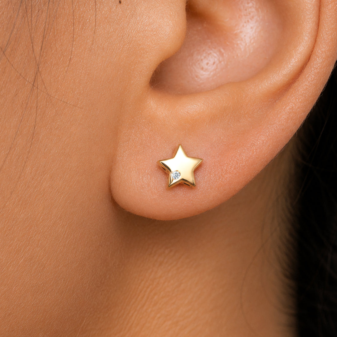 14K Solid Yellow Gold Daimond Star Studs, Star Studs, Diamond Studs, Dainty Star Studs, Tiny Star Studs, Solid Gold Studs