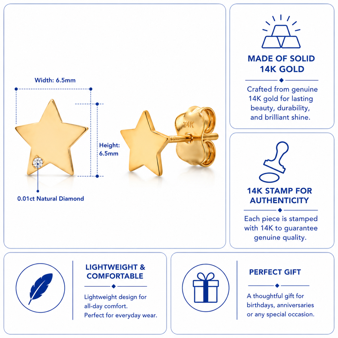 14K Solid Yellow Gold Star Studs, Celestial Studs, Star Studs, Dainty Star Studs, Tiny Star Studs, Solid Gold Studs