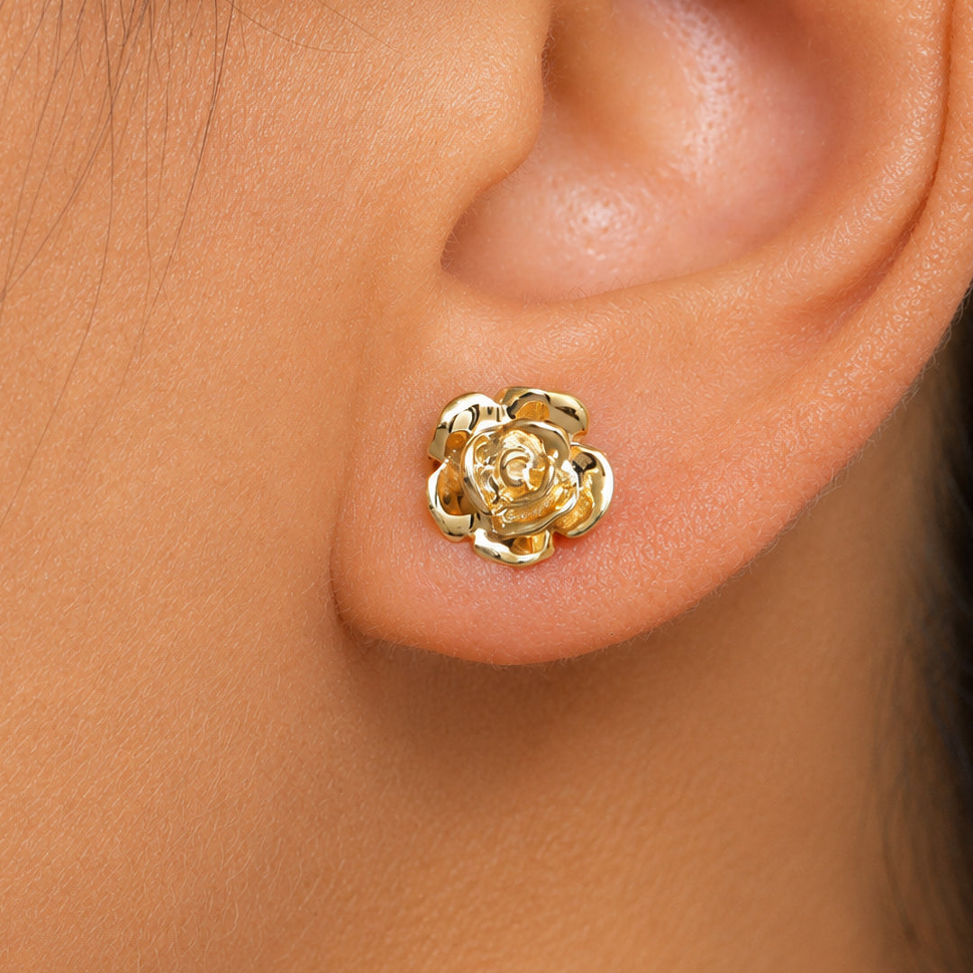 14K Solid Yellow Gold Rose Studs, Gold Flower Studs, Rose Studs, Flower Studs, Yellow Gold Studs, Minimalist Stud, Push Back Gold StudsVideo