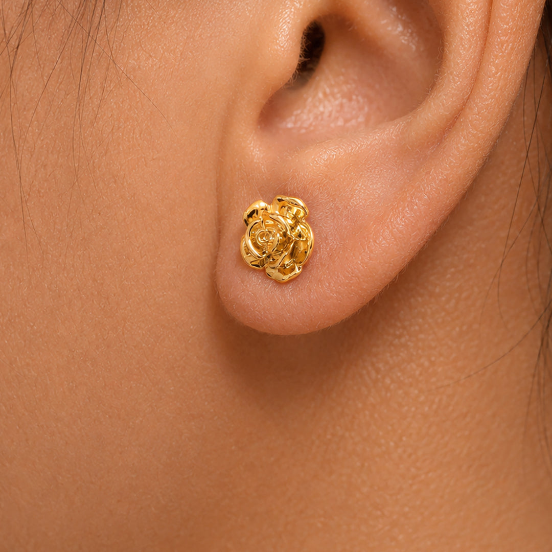 14K Solid Yellow Gold Rose Studs, Gold Flower Studs, Rose Studs, Flower Studs, Yellow Gold Studs, Minimalist Stud, Push Back Gold StudsVideo