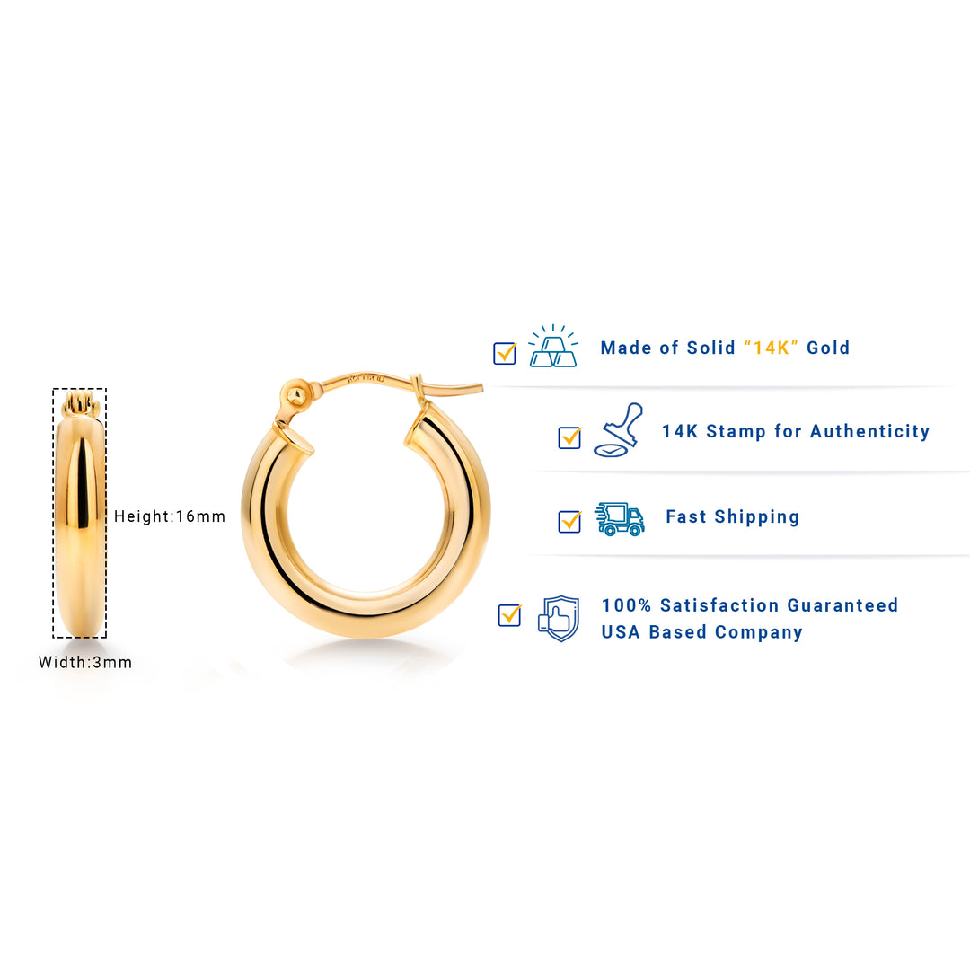 14K Solid Yellow Gold 15mm Shiny Tube Hoop Earrings, Tube Hoop Earrings, Thick Hoop Earrings, Bold Hoop Earrings, Hinged Clasp Hoop Earrings