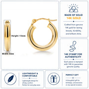 14K Solid Yellow Gold 15mm Shiny Tube Hoop Earrings, Tube Hoop Earrings, Thick Hoop Earrings, Bold Hoop Earrings, Hinged Clasp Hoop Earrings