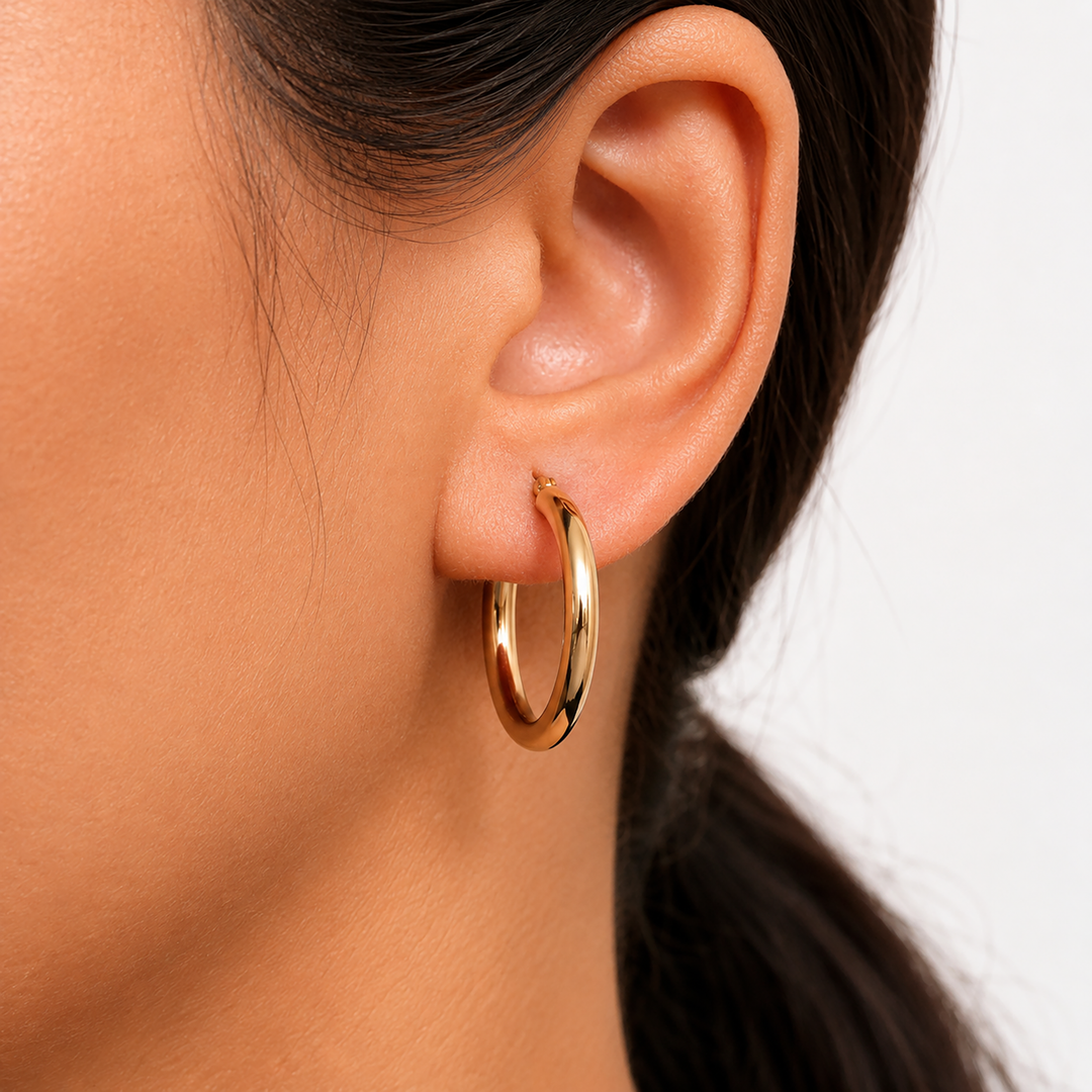 14K Solid Yellow Gold 25mm Shiny Tube Hoop Earrings, Tube Hoop Earrings, Thick Hoop Earrings, Bold Hoop Earrings, Hinged Clasp Hoop Earrings, 25mm Gold Hoop Earrings