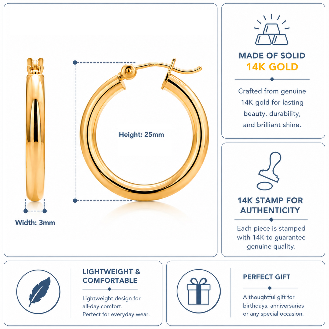 14K Solid Yellow Gold 25mm Shiny Tube Hoop Earrings, Tube Hoop Earrings, Thick Hoop Earrings, Bold Hoop Earrings, Hinged Clasp Hoop Earrings, 25mm Gold Hoop Earrings