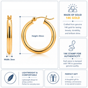 14K Solid Yellow Gold 25mm Shiny Tube Hoop Earrings, Tube Hoop Earrings, Thick Hoop Earrings, Bold Hoop Earrings, Hinged Clasp Hoop Earrings, 25mm Gold Hoop Earrings