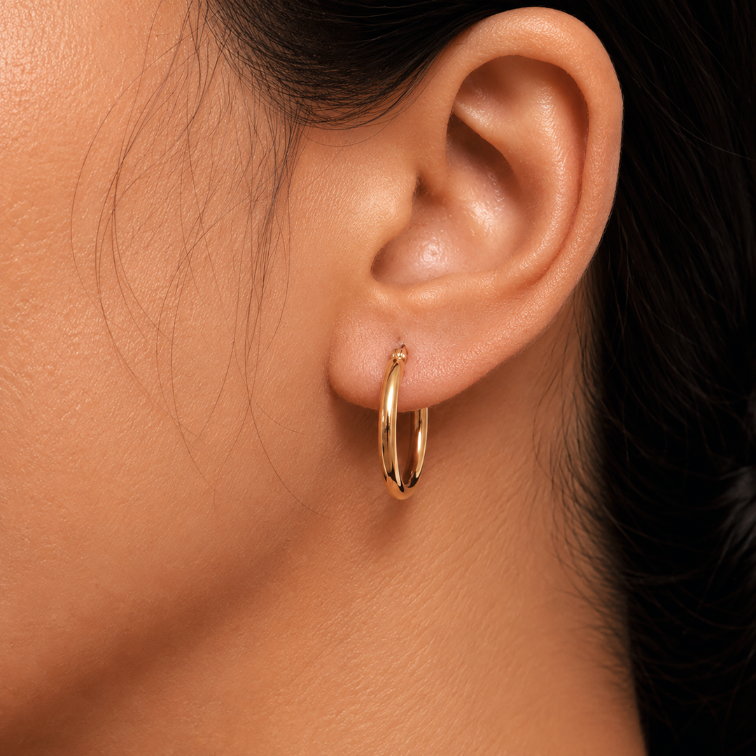 14K Yellow Gold Shiny Tube 20mm Hoop Earrings,  Tube Hoop Earrings, Round Hoop Earrings, Gold Hoop Earrings, Hinged Clasp Hoop Earrings