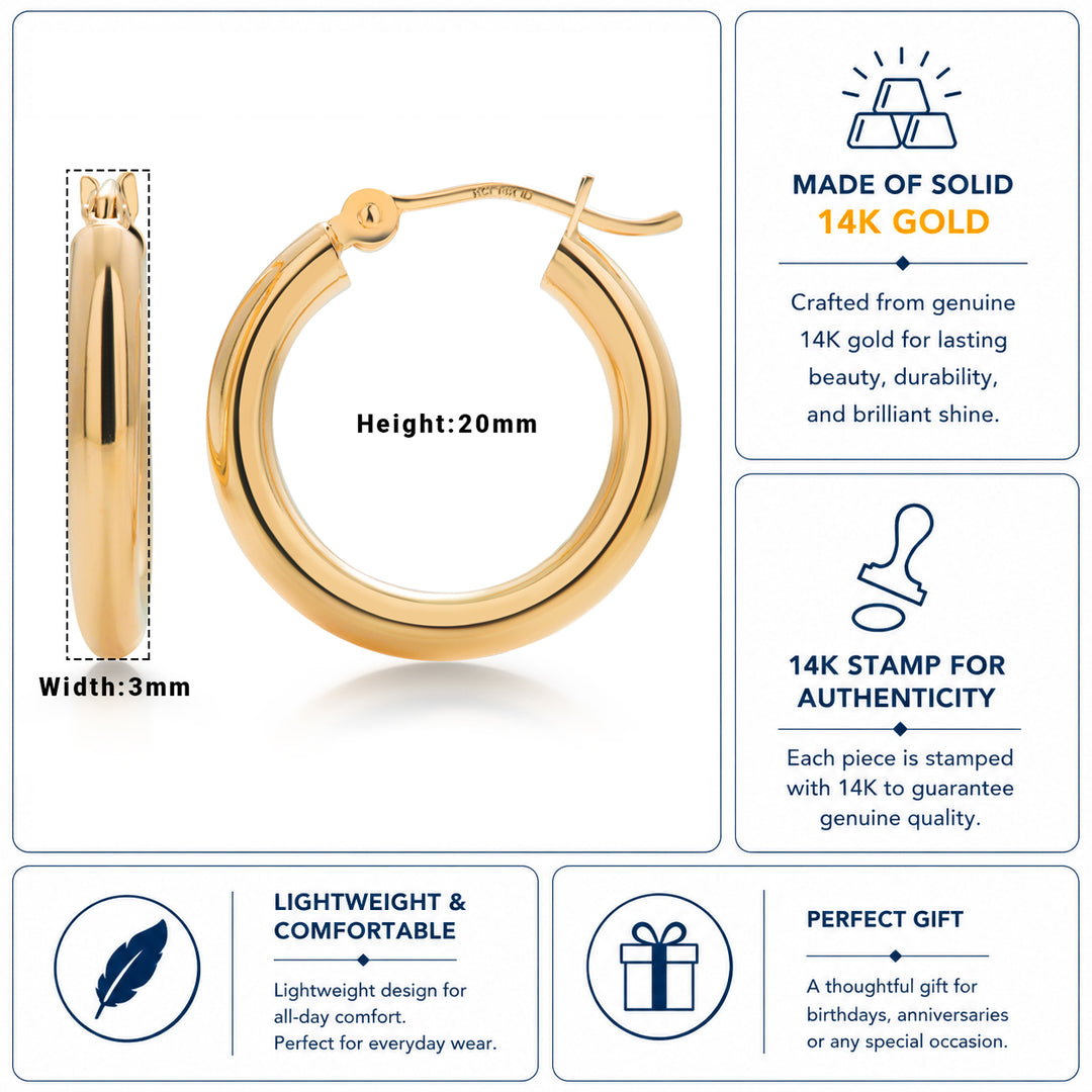 14K Solid Yellow Gold 20mm Shiny Tube Hoop Earrings, Tube Hoop Earrings, Round Hoop Earrings, Gold Hoop Earrings, Hinged Clasp Hoop Earrings, 20mm Gold Hoop Earrings