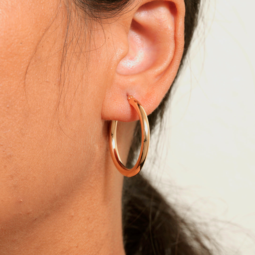 14K Solid Yellow Gold 30mm Shiny Tube Hoop Earrings, Tube Hoop Earrings, Thick Hoop Earrings, Bold Hoop Earrings, Hinged Clasp Hoop Earrings, 30mm Gold Hoop Earrings