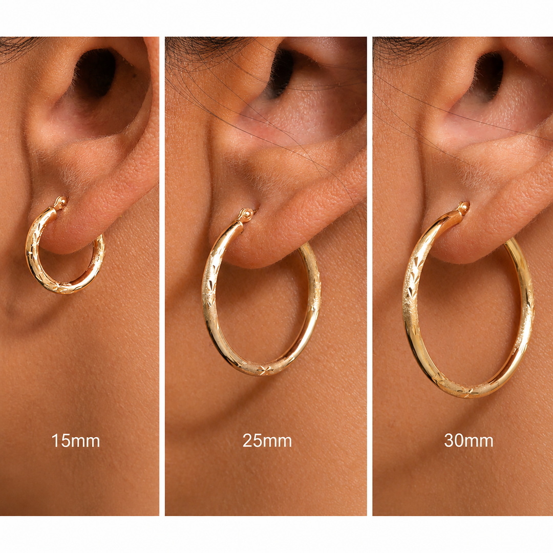 14K Yellow Gold 30mm, 25mm, and 15mm Textured Tube Hoop Earrings, Circle Hoop, Round Hoop Earrings, Textured Gold Hoop Earrings, Hinged Clasp Hoop Earrings