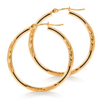 Load image into Gallery viewer, 14K Yellow Gold 30mm, 25mm, and 15mm Textured Tube Hoop Earrings, Circle Hoop, Round Hoop Earrings, Textured Gold Hoop Earrings, Hinged Clasp Hoop Earrings
