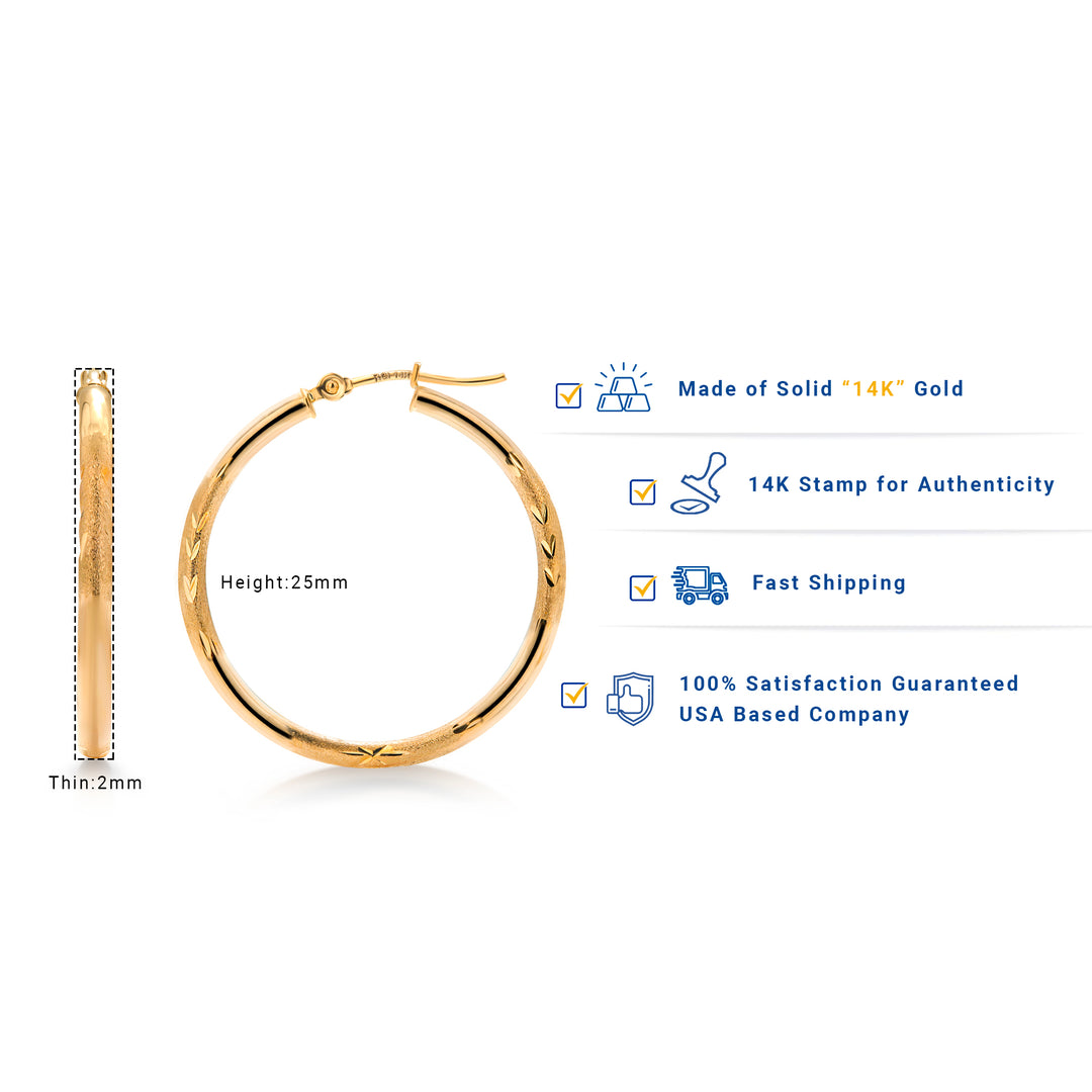 14K Yellow Gold 30mm, 25mm, and 15mm Textured Tube Hoop Earrings, Circle Hoop, Round Hoop Earrings, Textured Gold Hoop Earrings, Hinged Clasp Hoop Earrings