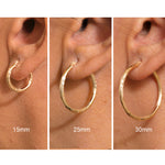 Load image into Gallery viewer, 14K Yellow Gold 30mm, 25mm, and 15mm Textured Tube Hoop Earrings, Circle Hoop, Round Hoop Earrings, Textured Gold Hoop Earrings, Hinged Clasp Hoop Earrings
