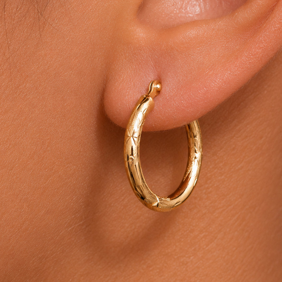 14K Yellow Gold 15mm Textured Tube Hoop Earrings,  Circle Hoop, Round Hoop Earrings, Textured Gold Hoop Earrings, Hinged Clasp Hoop Earrings