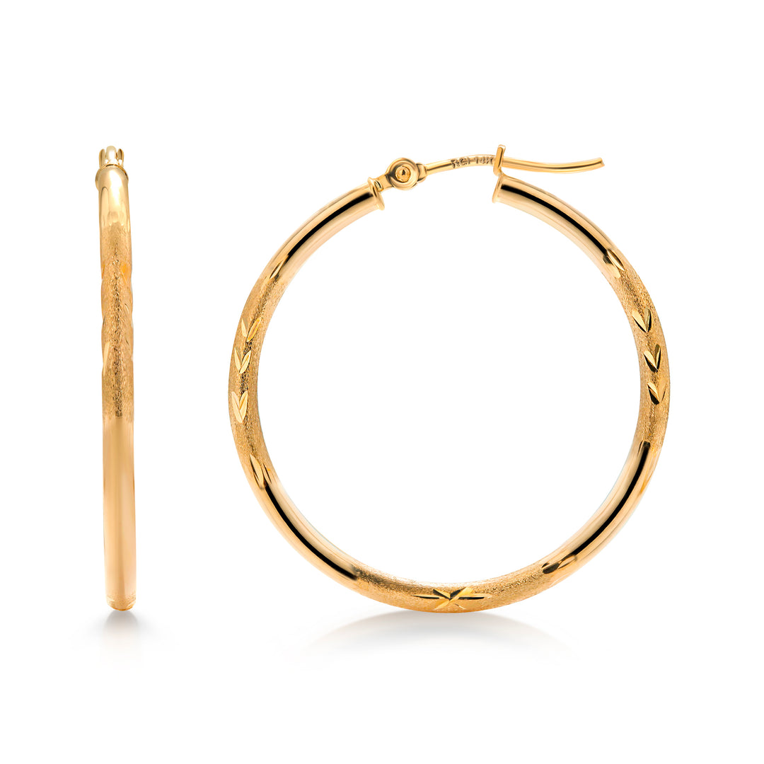 14K Yellow Gold 30mm, 25mm, and 15mm Textured Tube Hoop Earrings, Circle Hoop, Round Hoop Earrings, Textured Gold Hoop Earrings, Hinged Clasp Hoop Earrings
