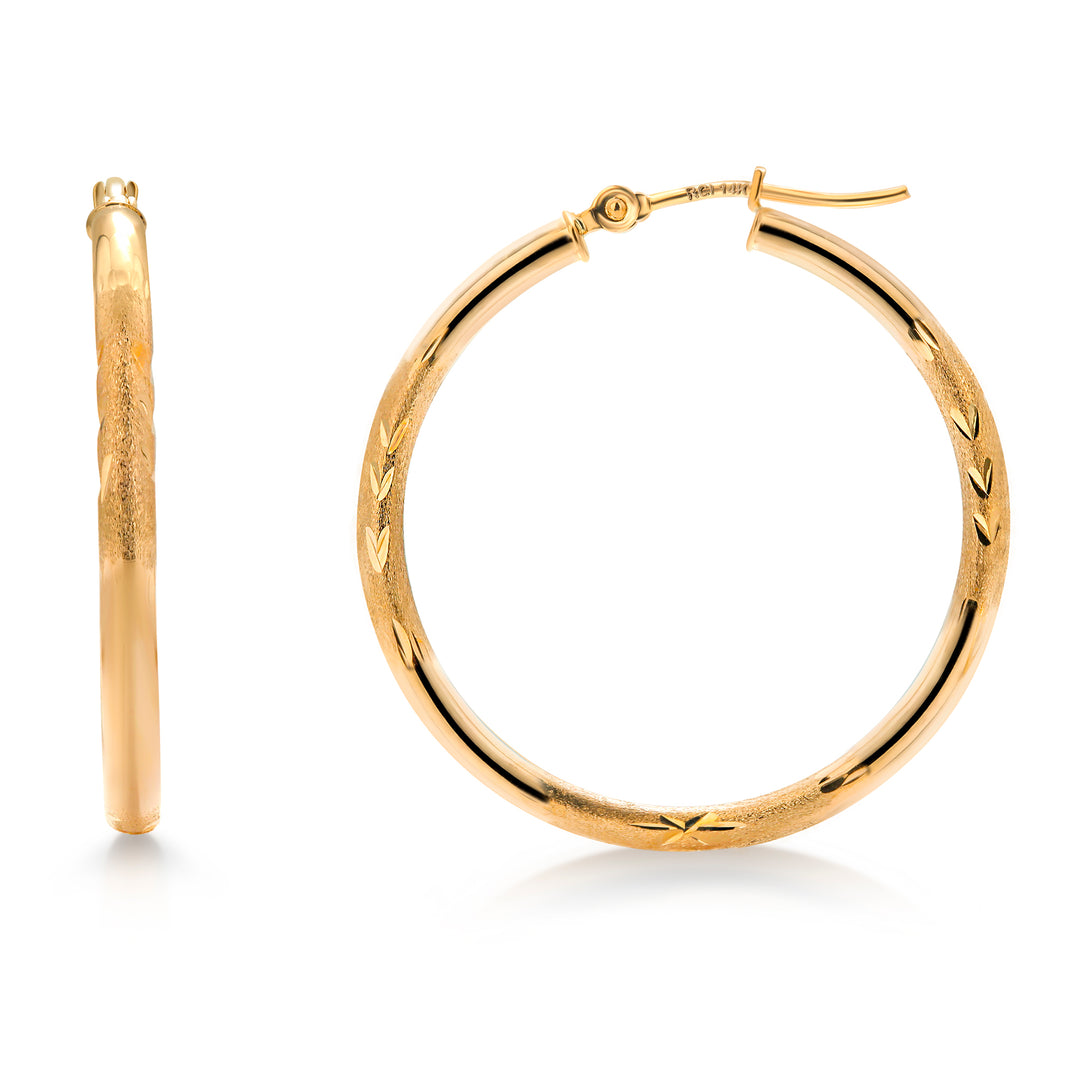 14K Yellow Gold 30mm, 25mm, and 15mm Textured Tube Hoop Earrings, Circle Hoop, Round Hoop Earrings, Textured Gold Hoop Earrings, Hinged Clasp Hoop Earrings