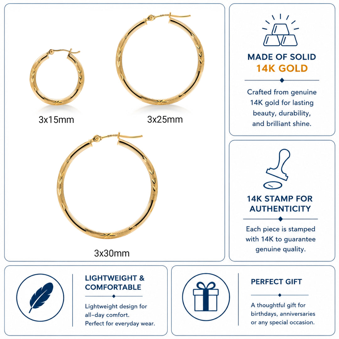 14K Yellow Gold 30mm, 25mm, and 15mm Textured Tube Hoop Earrings, Circle Hoop, Round Hoop Earrings, Textured Gold Hoop Earrings, Hinged Clasp Hoop Earrings