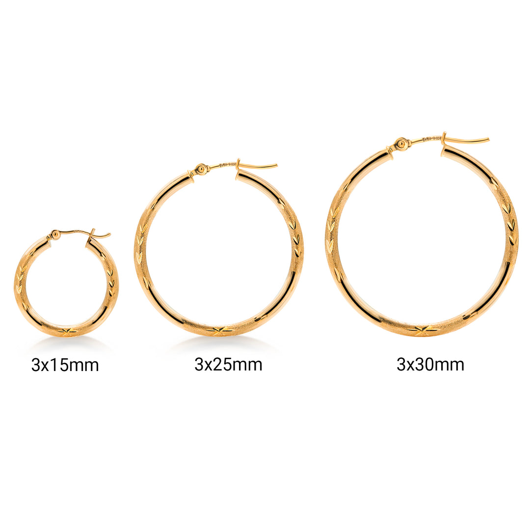 14K Yellow Gold 30mm, 25mm, and 15mm Textured Tube Hoop Earrings, Circle Hoop, Round Hoop Earrings, Textured Gold Hoop Earrings, Hinged Clasp Hoop Earrings
