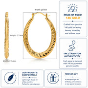 14K Solid Yellow Gold Twisted Oval Hoop Earrings, Graduated Twisted Hoop Earrings, Textured Oval Hoop Earrings, Hinged Clasp Hoop Earrings, Gold Oval Hoop Earrings, Twisted Oval Hoop Earrings