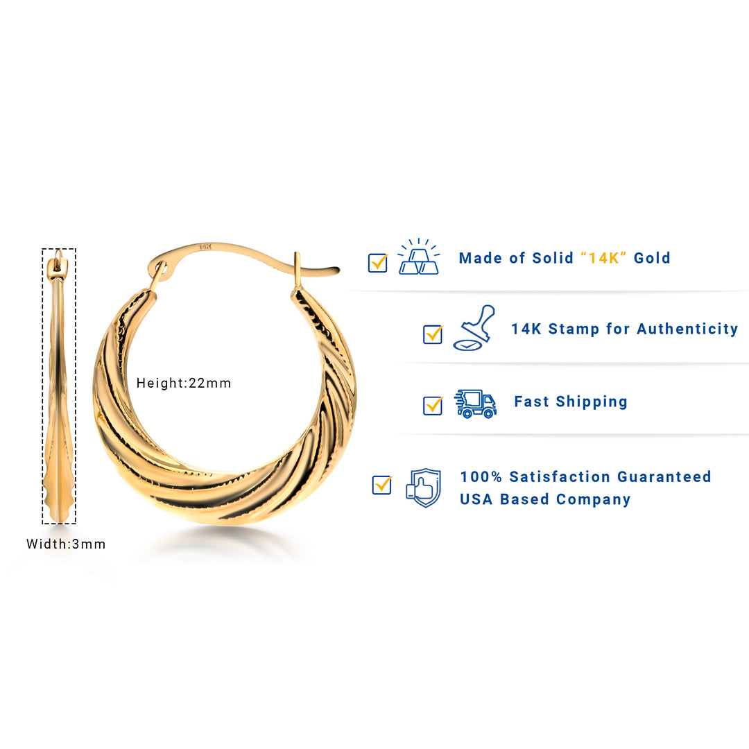 14K Solid Yellow Gold Twisted Hoop Earrings, Graduated Twisted Hoop Earrings, Textured Hoop Earrings, Hinged Clasp Hoop Earrings, Gold Hoops