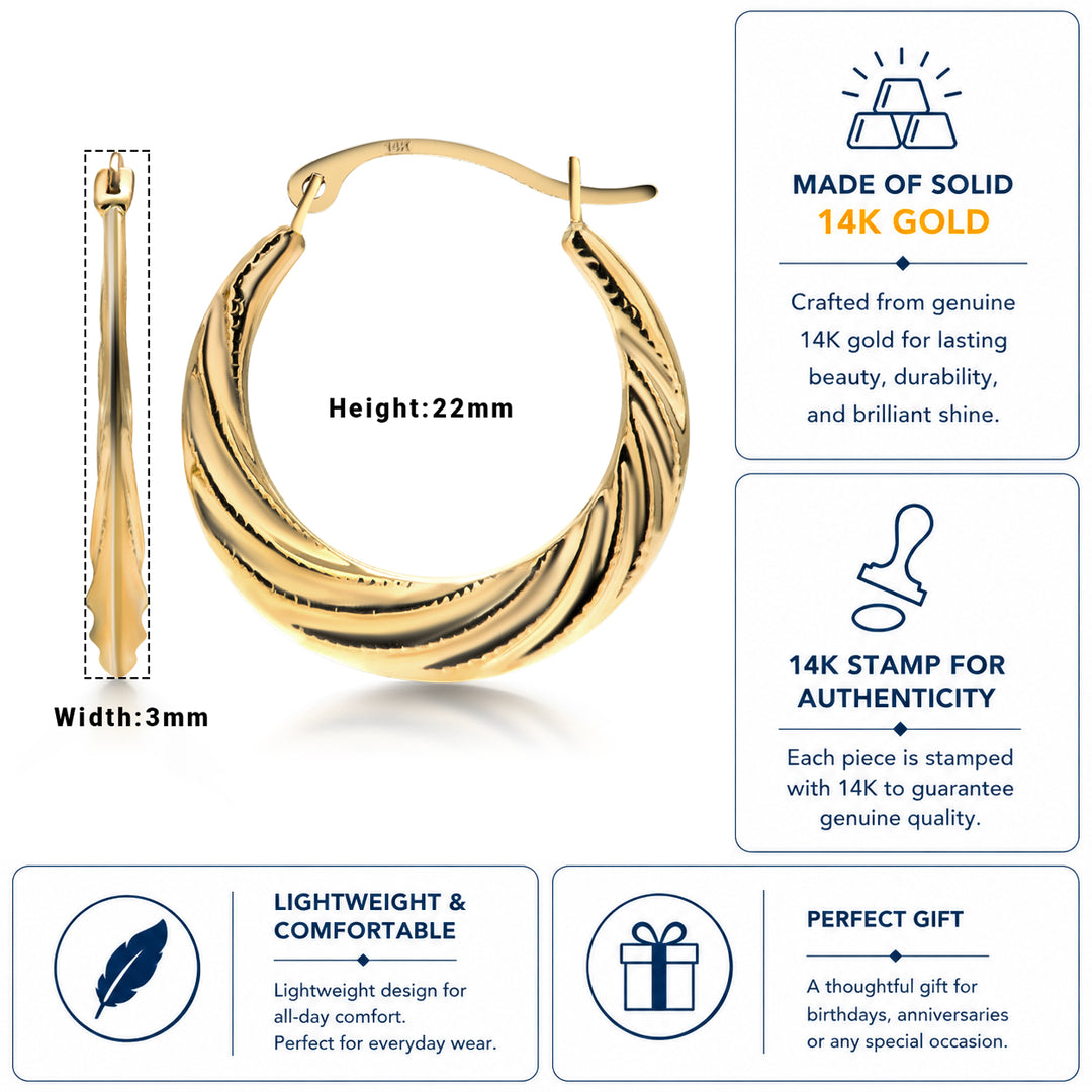 14K Solid Yellow Gold Twisted Hoop Earrings, Graduated Twisted Hoop Earrings, Textured Hoop Earrings, Hinged Clasp Hoop Earrings, Gold Hoops