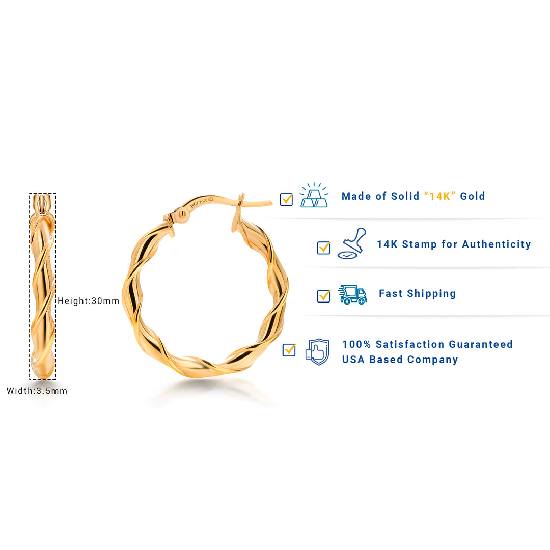 14K Solid Yellow Gold  15mm, 25mm, and 30mm Twisted Hoop Earrings, Gold Twisted Hoop Earrings, Hinged Clasp Hoop Earrings, Gold Hoop Earrings