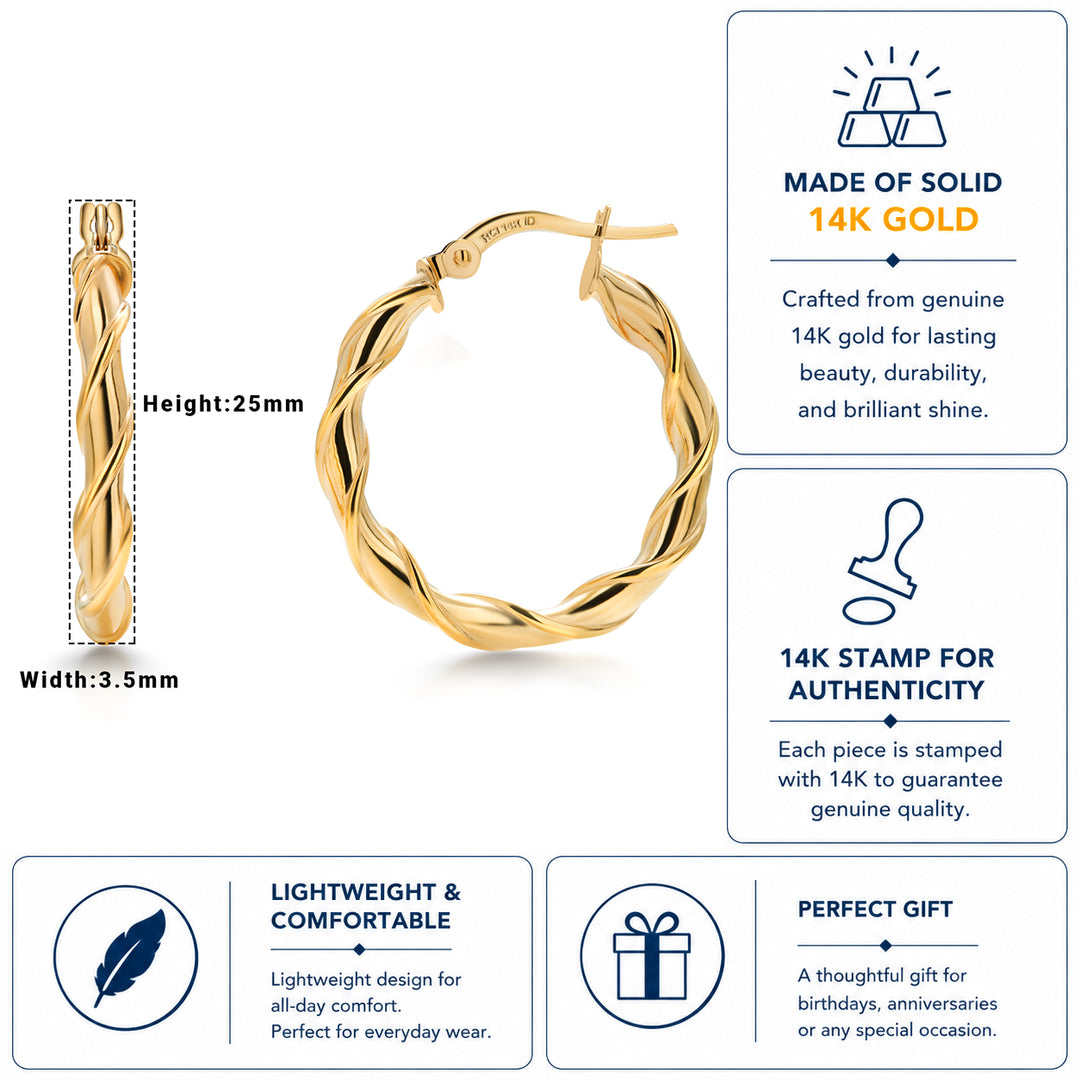 14K Solid Yellow Gold  25mm Twisted Hoop Earrings, Circle Twisted Hoop Earrings, Gold Twisted Hoop Earrings, Hinged Clasp Hoop Earrings, Gold Hoop Earrings, Round Twisted Hoop Earrings