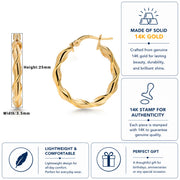 14K Solid Yellow Gold  25mm Twisted Hoop Earrings, Circle Twisted Hoop Earrings, Gold Twisted Hoop Earrings, Hinged Clasp Hoop Earrings, Gold Hoop Earrings, Round Twisted Hoop Earrings