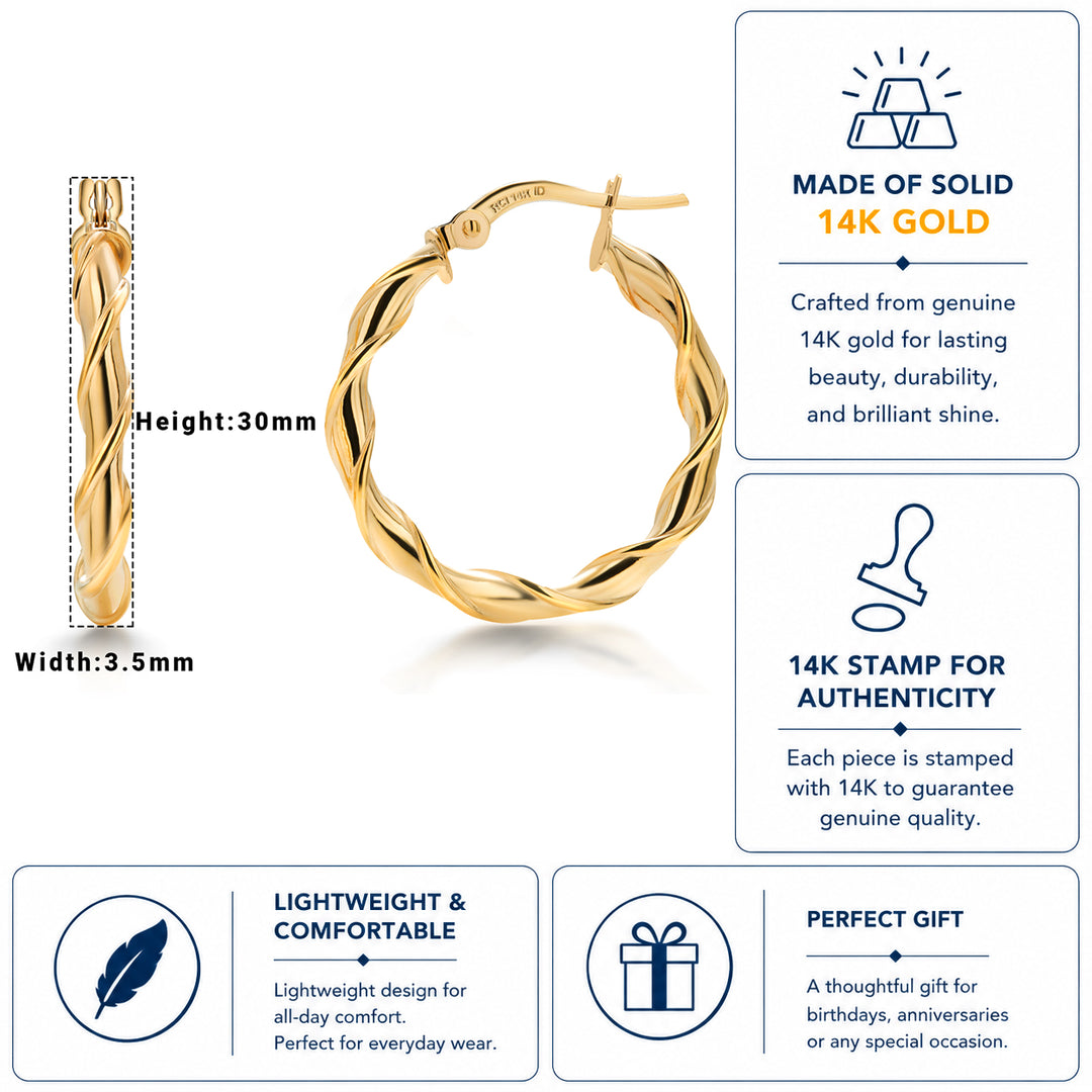 14K Solid Yellow Gold  30mm Twisted Hoop Earrings, Circle Twisted Hoop Earrings, Gold Twisted Hoop Earrings, Hinged Clasp Hoop Earrings, Gold Hoop Earrings