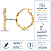 14K Solid Yellow Gold  30mm Twisted Hoop Earrings, Circle Twisted Hoop Earrings, Gold Twisted Hoop Earrings, Hinged Clasp Hoop Earrings, Gold Hoop Earrings