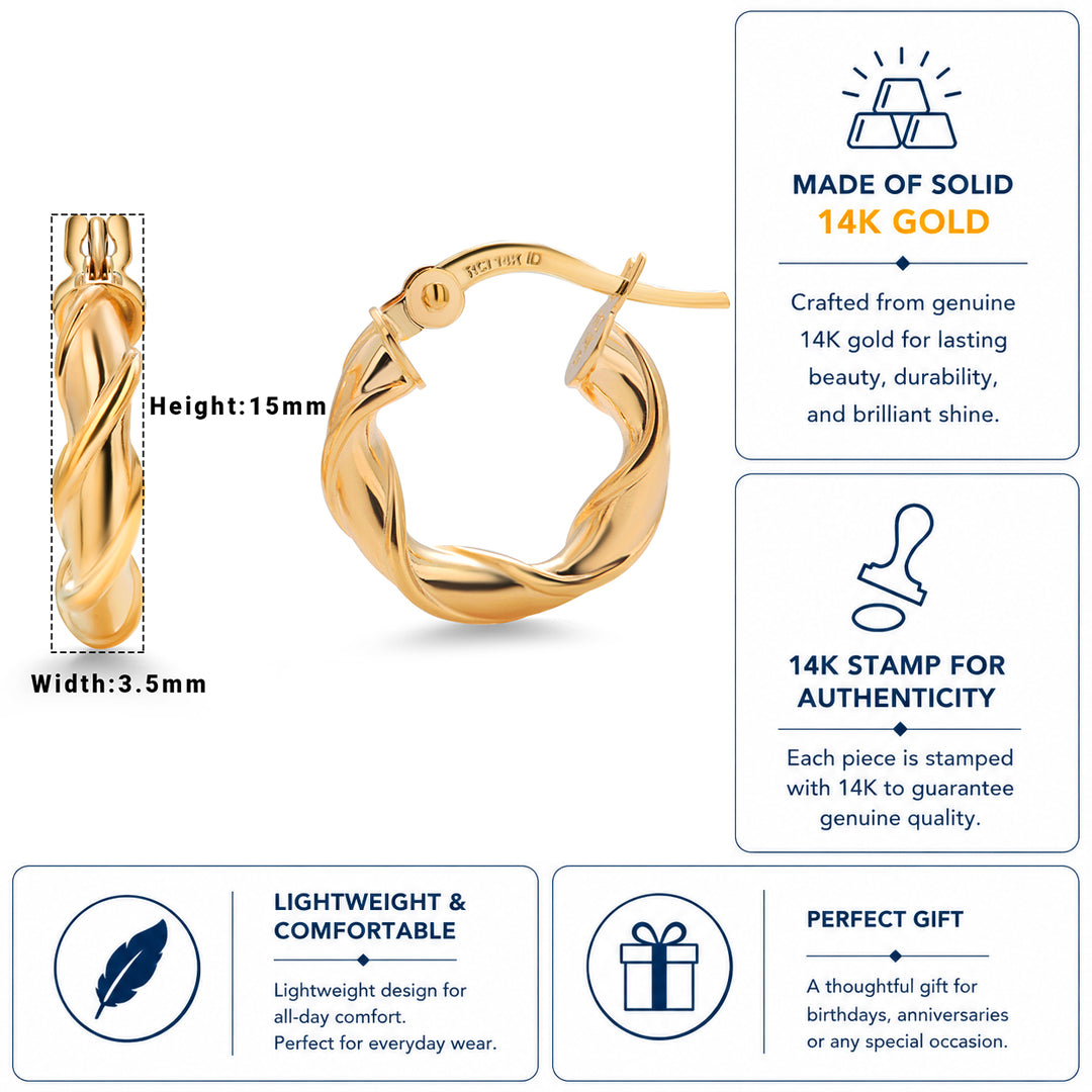 14K Solid Yellow Gold  15mm Twisted Hoop Earrings, Circle Twisted Hoop Earrings, Gold Twisted Hoop Earrings, Hinged Clasp Hoop Earrings, Gold Hoop Earrings, Round Twisted Hoop Earrings