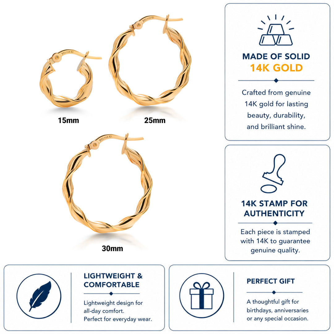 14K Solid Yellow Gold  15mm, 25mm, and 30mm Twisted Hoop Earrings, Gold Twisted Hoop Earrings, Hinged Clasp Hoop Earrings, Gold Hoop Earrings