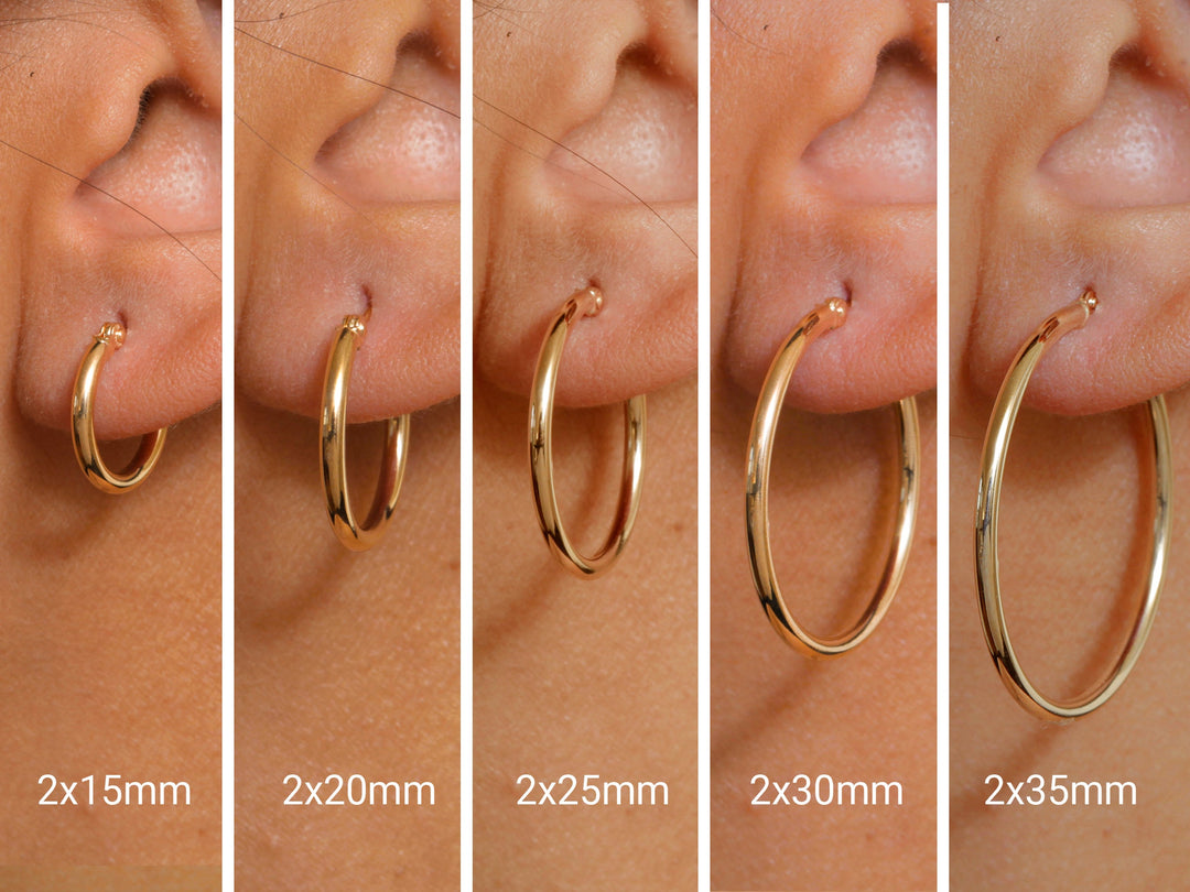 14K Yellow Gold Shiny Tube 15mm, 20mm, 25mm, 30mm, 35mm Hoop Earrings