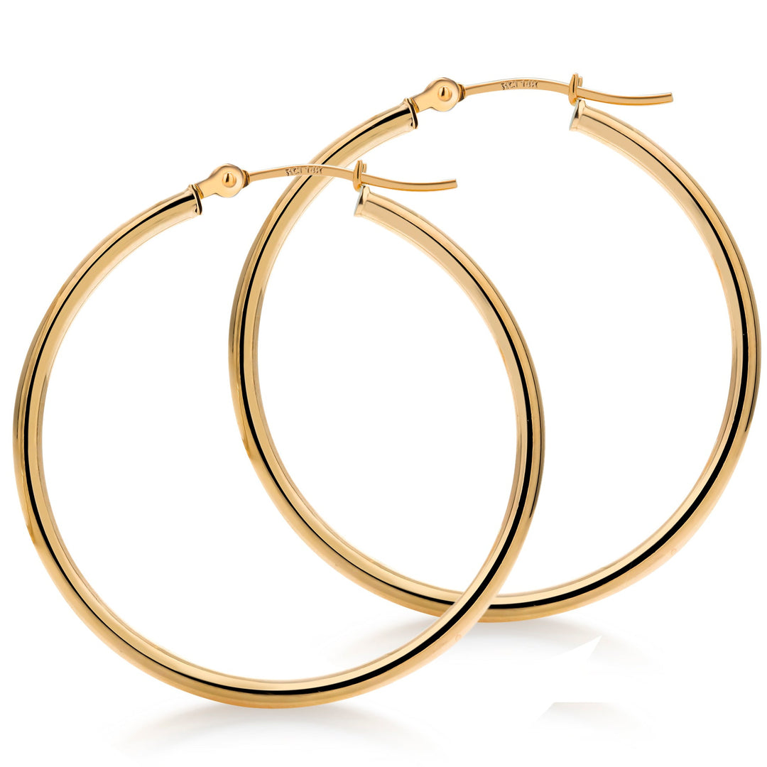 14K Yellow Gold Shiny Tube 15mm, 20mm, 25mm, 30mm, 35mm Hoop Earrings