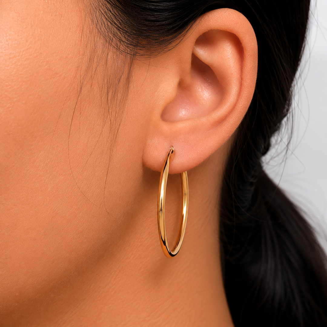 14K Yellow Gold Shiny Tube 35MM Hoop Earrings, Tube Hoop Earrings, Round Hoop Earrings, Gold Hoop Earrings, Hinged Clasp Hoop Earrings, 35mm Hoop Earrings
