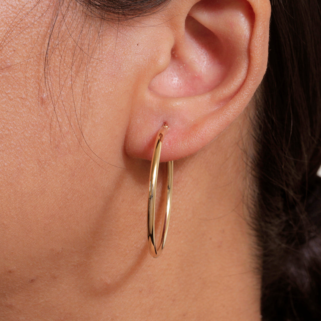 14K Yellow Gold Shiny Tube 35MM Hoop Earrings