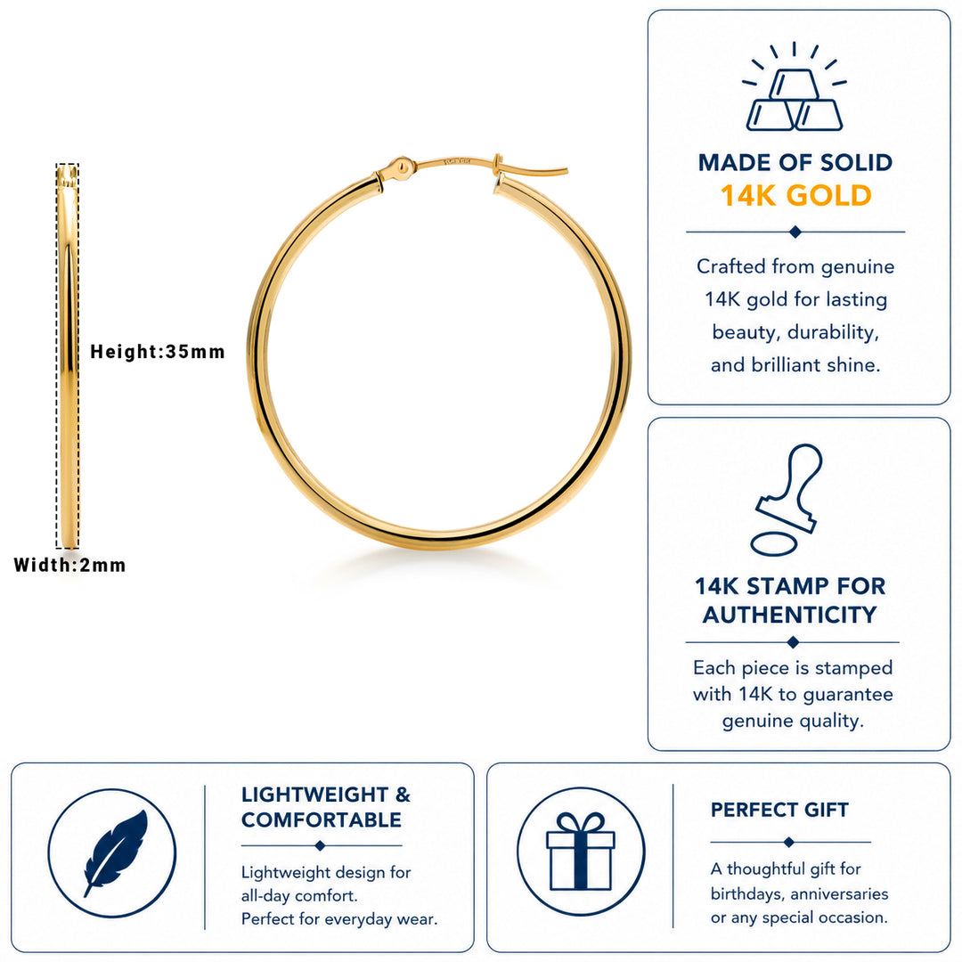 14K Yellow Gold Shiny Tube 35MM Hoop Earrings, Tube Hoop Earrings, Round Hoop Earrings, Gold Hoop Earrings, Hinged Clasp Hoop Earrings, 35mm Hoop Earrings