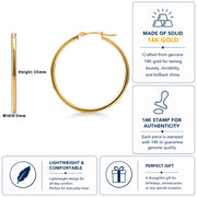 14K Yellow Gold Shiny Tube 35MM Hoop Earrings, Tube Hoop Earrings, Round Hoop Earrings, Gold Hoop Earrings, Hinged Clasp Hoop Earrings, 35mm Hoop Earrings
