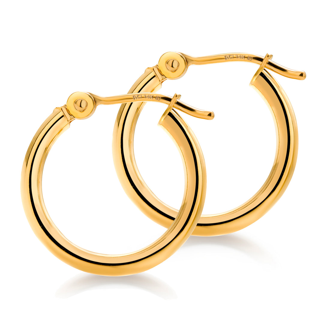 14K Yellow Gold Shiny Tube 15mm, 20mm, 25mm, 30mm, 35mm Hoop Earrings