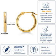 14K Solid Yellow Gold 15MM Shiny Tube Hoop Earrings, Tube Hoop Earrings, Round Hoop Earrings, Gold Hoop Earrings, Hinged Clasp Hoop Earrings, 15mm Hoop Earrings