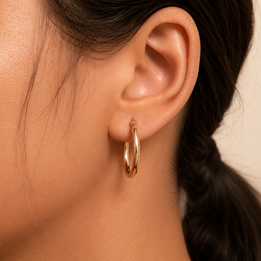 14K Yellow Gold Shiny Tube 25MM Hoop Earrings, Tube Hoop Earrings, Round Hoop Earrings, Gold Hoop Earrings, Hinged Clasp Hoop Earrings, 25mm Gold Hoop Earrings