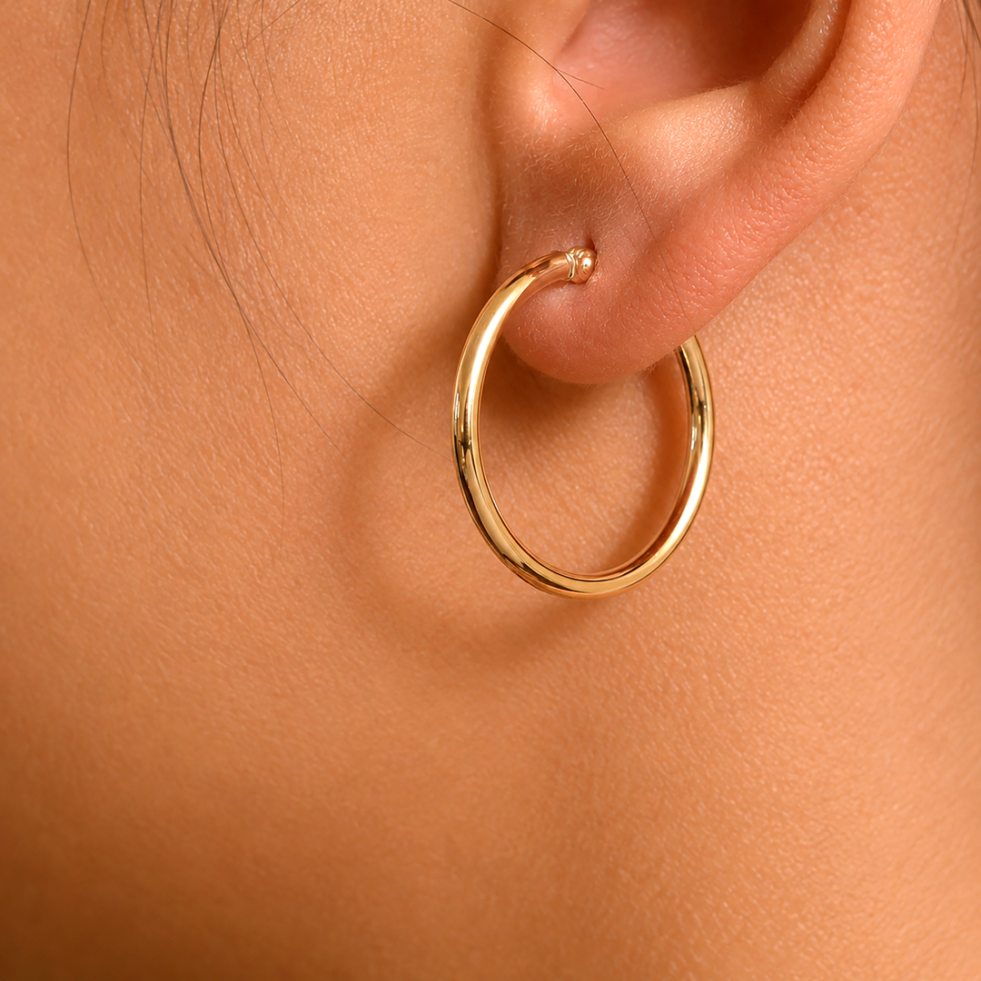 14K Yellow Gold Shiny Tube 25MM Hoop Earrings, Tube Hoop Earrings, Round Hoop Earrings, Gold Hoop Earrings, Hinged Clasp Hoop Earrings, 25mm Gold Hoop Earrings