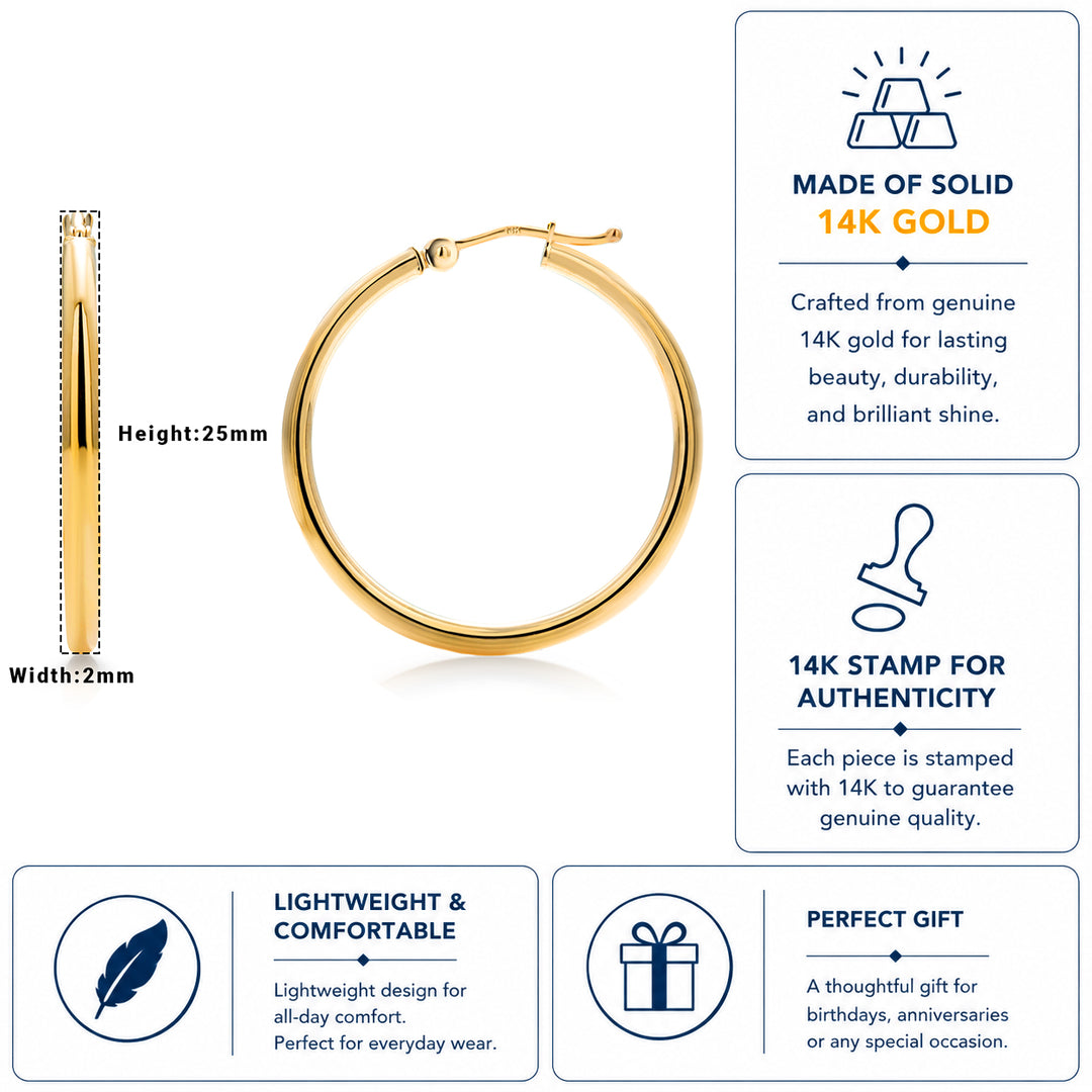 14K Yellow Gold Shiny Tube 25MM Hoop Earrings, Tube Hoop Earrings, Round Hoop Earrings, Gold Hoop Earrings, Hinged Clasp Hoop Earrings, 25mm Gold Hoop Earrings